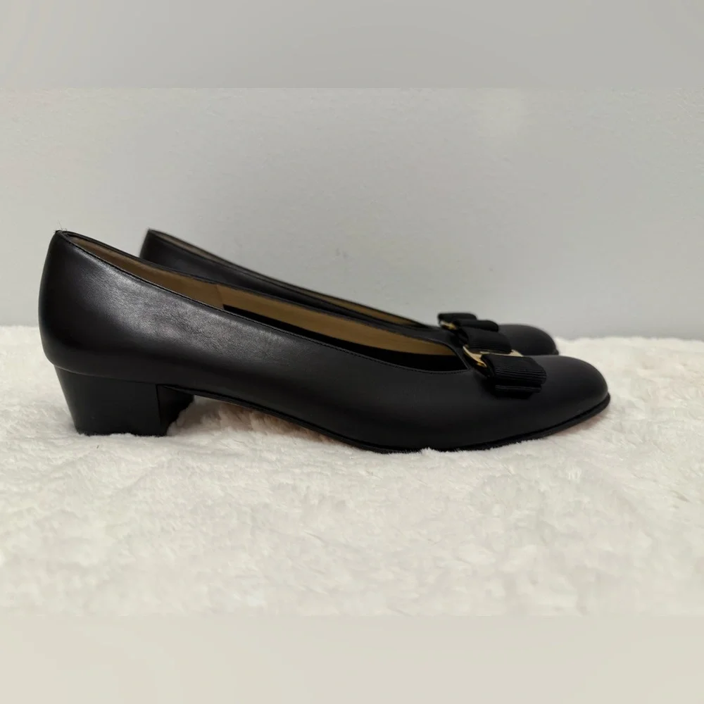 Salvatore Ferragamo Black Low Heel  with Gold Buckle - Picture 2 of 7
